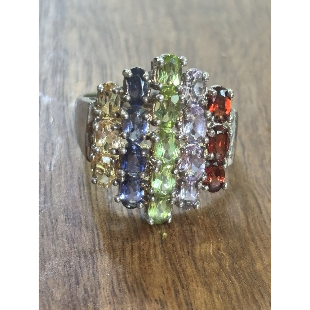 Vintage Ring Sterling Silver Rainbow Multi Gem Garnet/Peridot/Citrine Size 9.75